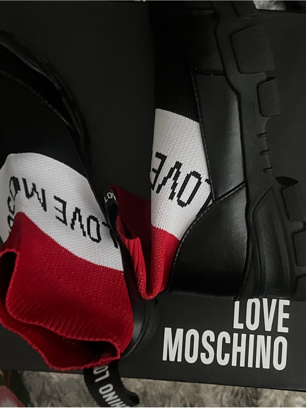 Love Moschino Black, White & Red Sock-Style Winter Boots